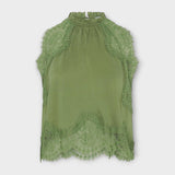 Kaia - Satin Blouse with Lace Trim and Pleated Neckline in Set
