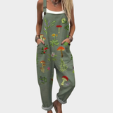 Olive Green Dungarees with a Mushroom Motif