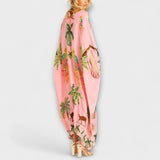Linda - Off-Shoulder Dress with Asymmetrical Shoulder and Palm Print