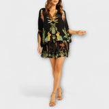 Linda - Off-Shoulder Dress with Asymmetrical Shoulder and Palm Print