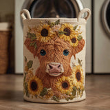 Quilted Laundry Basket – Highland Cow and Flowers